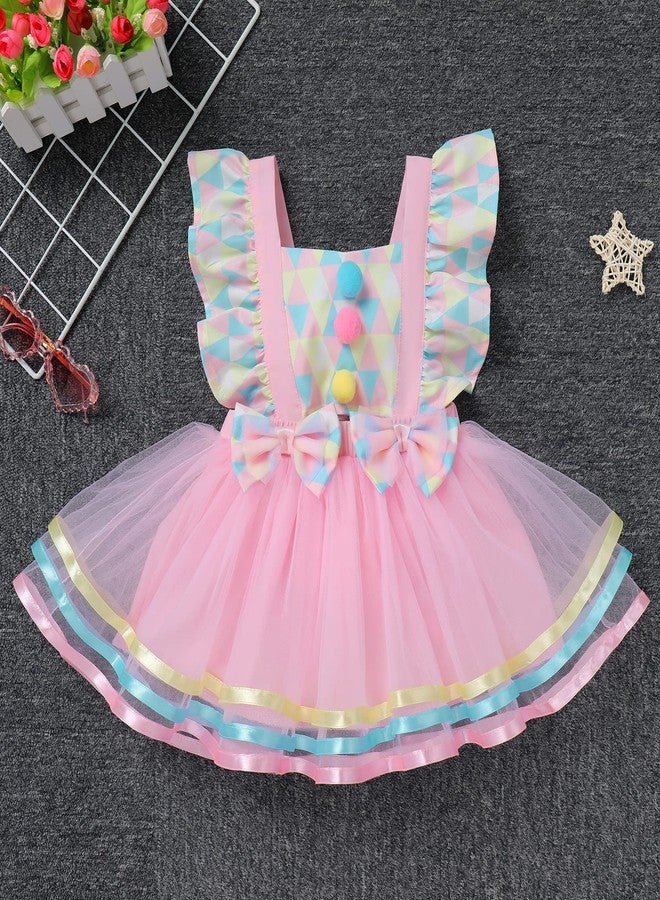 AWIBMK Baby Girls Carnival Costume Halloween Party Cosplay Outfits Toddler Newborn Flying Sleeve Square Neck Ruffle Bowknot Ball Circus Birthday Princess Tutu Romper Dress with Headband Pink 2PCS 12-18 Months - Image 2